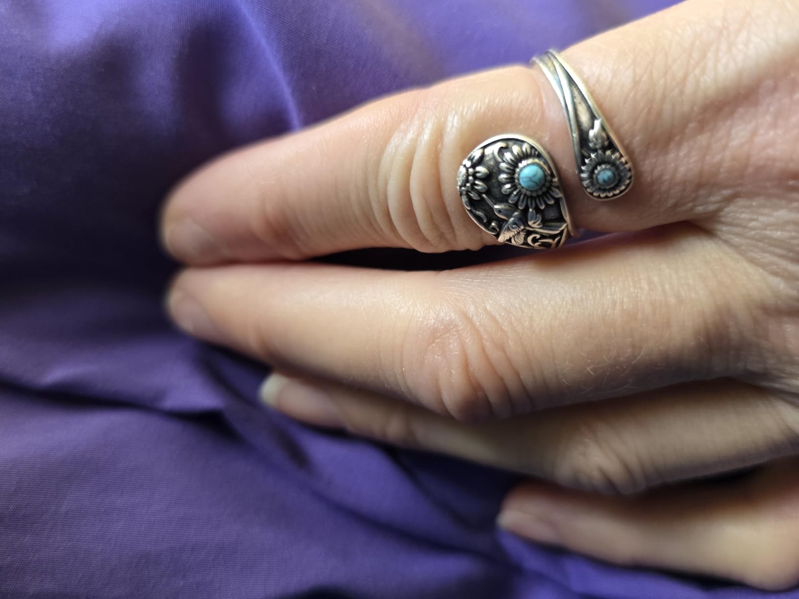 S925 Sterling Silver Abalone Dragonfly-Turquoise Spoon Ring - Vintage Boho Sunflower Thumb Oxidized Wrap Rings Victorian Style Antique Floral Jewelry Gifts for Women customer photo 1