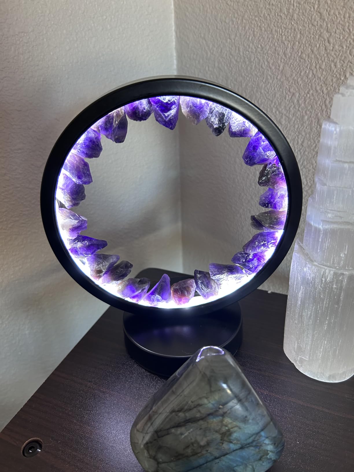 Crystals Night Light Amethyst Table Lamp,Natural Raw Amethyst Selenite Calming Lamps Crystal Healing Stone Bedside Light with 3 Color Dimming Mode,Nightlight for Office Mother's Day Birthday Gifts customer photo 2