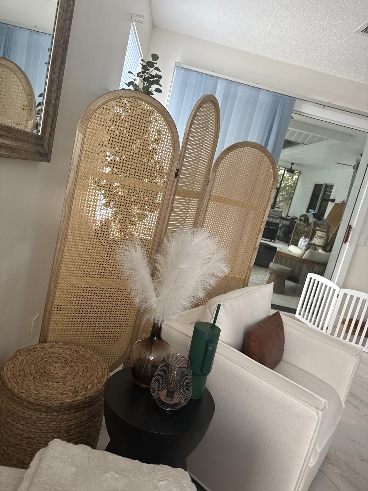 4 Panel Rattan Room Divider Screen, Boho Folding Privacy Screen | Decorative Room Divider Panel, Foldable Boho Room Partition, Portable Wall Divider for Room Separation Indoor, Home, Natural customer photo 1