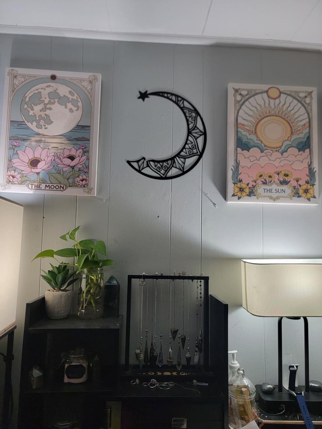 Sun and Moon Celestial Wall Art Set of 2, Vintage Tarot Astrology Wall Decor, Sun Flower and Full Moon Lotus Poster Canvas Painting Prints Picture for Bedroom Living Room 12x16 inch Framed customer photo 1