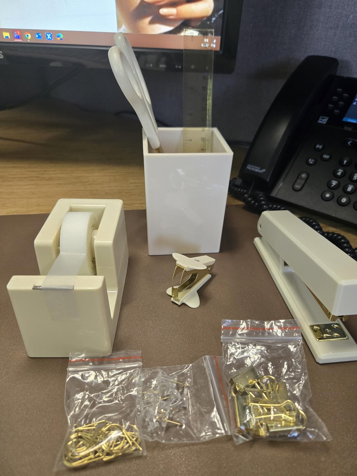 Aesthetic Desk Accessories Set for Women - A Complete Office Organizer Set | Office Supplies Kit with Gold Finish Includes Pen Holder, Scissors, Stapler, Tape Dispenser and More customer photo 2