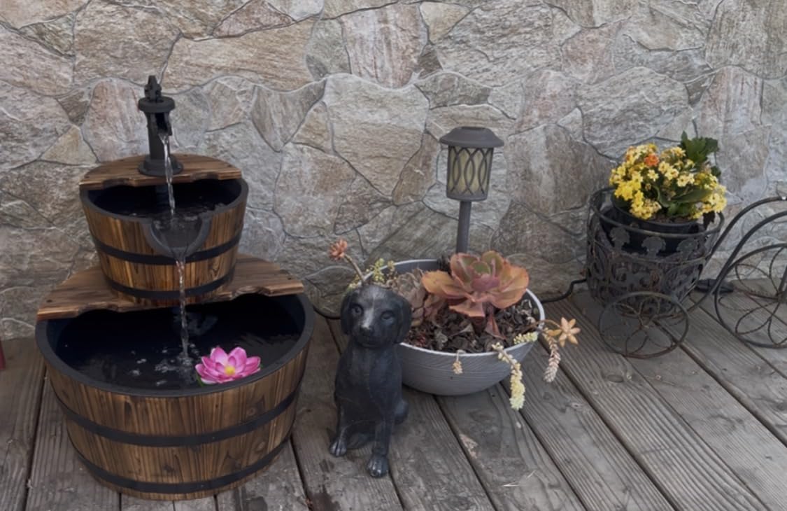 Aoxun 3-Tier Outdoor Water Fountain Wood Barrel Cascading customer photo 2
