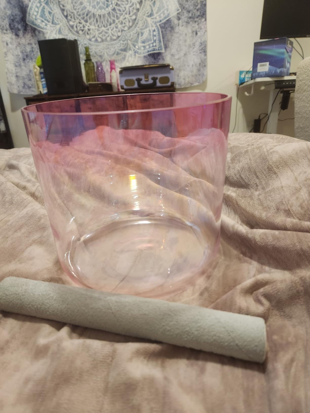 CVNC 440HZ 7 Inch F Note Heart Chakra Pink Purple Color Clear Quartz Crystal Singing Bowl with Carry Case Bag for Sound Healing and Meditation customer photo 2