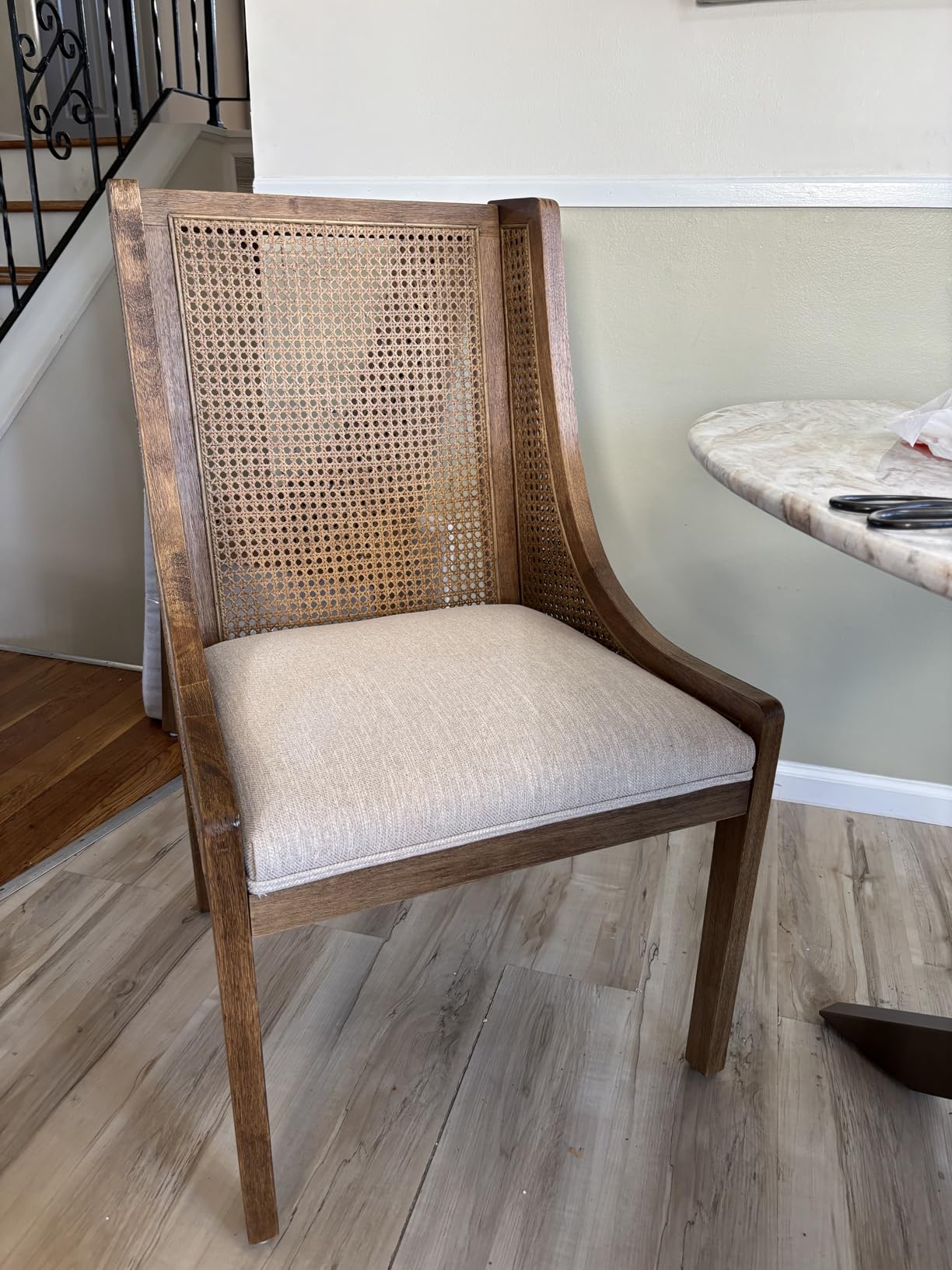 Christopher Knight Home Yone Dining Chairs Set of 2, Modern Dining Chair with Fabric Upholstery, Rubberwood Frame Kitchen Chairs with Cane Webbing, Extra Seat for Dining Room, Beige + Brown customer photo 1