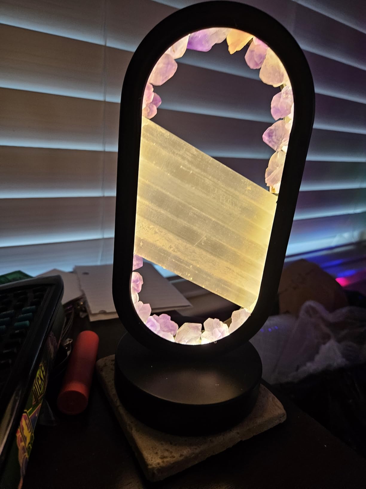 Natural Amethyst and Selenite Crystal Healing Night Table Lamp -3-Color Dimmable Mood Lighting for Meditation Relaxation and Restful Sleep, Purple Crystal Bedroom Decor customer photo 2