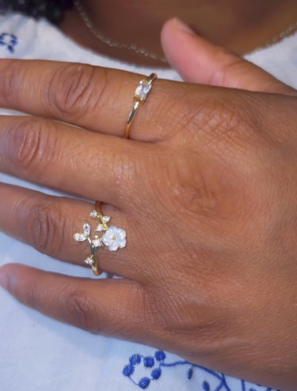 Birthstone Gold Adjustable Flower Rings Non Tarnish Birth Jewelry for Women | 14K gold, rose gold & silver plated, mother of pearl flower with cubic zirconia, fits sizes 7-11, birthday gift customer photo 1