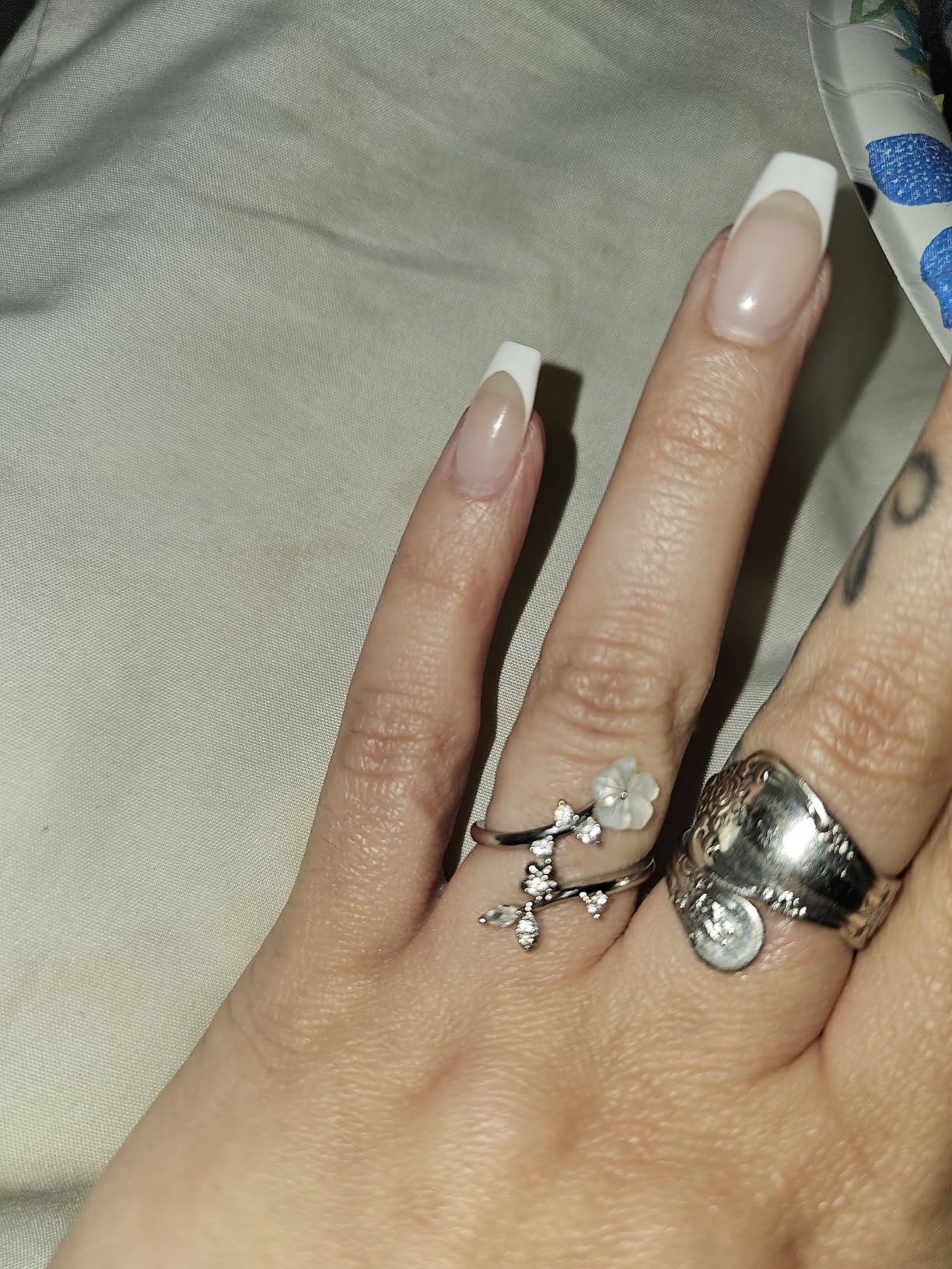 Birthstone Gold Adjustable Flower Rings Non Tarnish Birth Jewelry for Women | 14K gold, rose gold & silver plated, mother of pearl flower with cubic zirconia, fits sizes 7-11, birthday gift customer photo 2