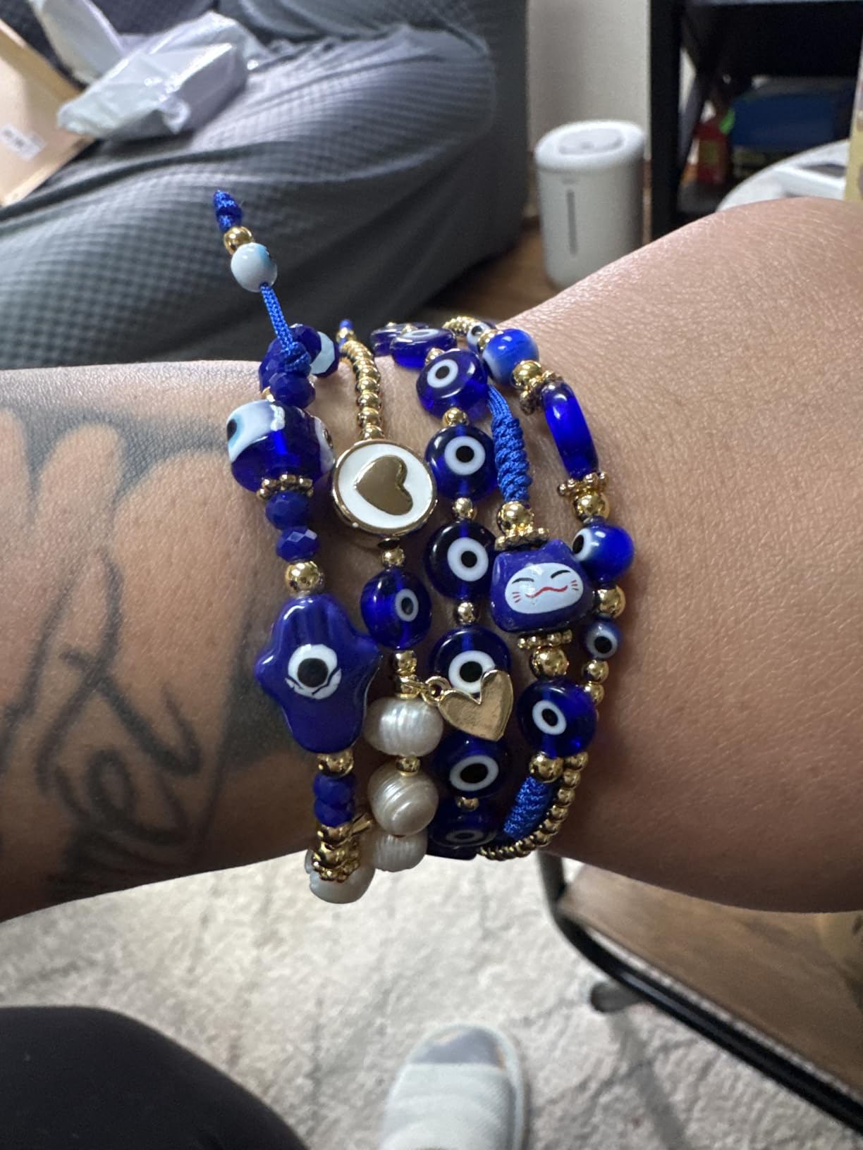 18K Gold Plated Evil Eye Bracelet Set, Adjustable Stack Beaded Jewelry with Hamsa Hand & St Benedict, Freshwater Cultured Pearls, Spiritual Protection Gift for Women customer photo 1