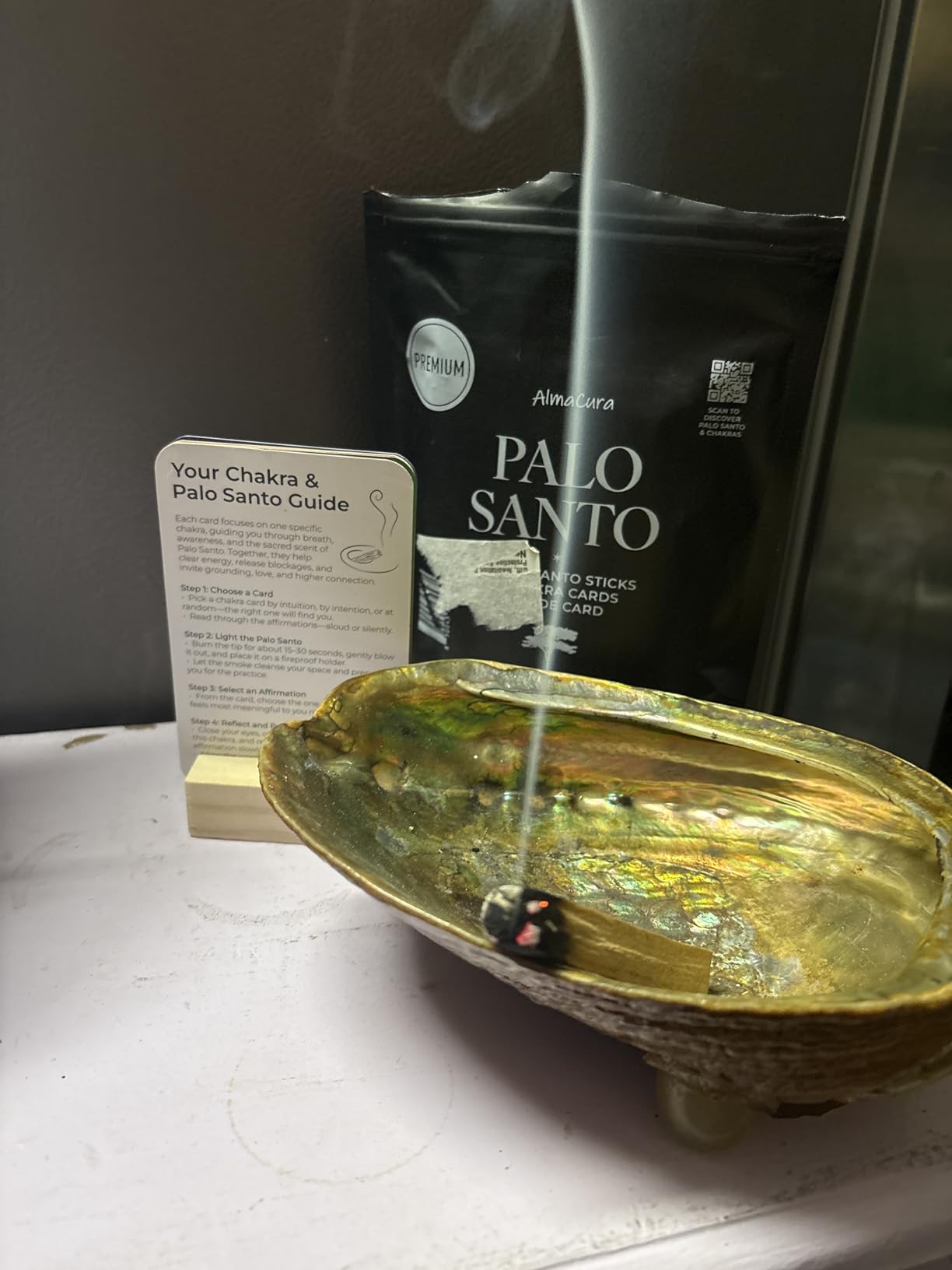 Palo Santo Energy Cleansing Set, 5 Sticks, 7 Chakra Cards & Stand | High-resin Palo Santo from Peru (Not Ecuador) with Chakra cards for cleansing, meditation, intention setting & gifting customer photo 1