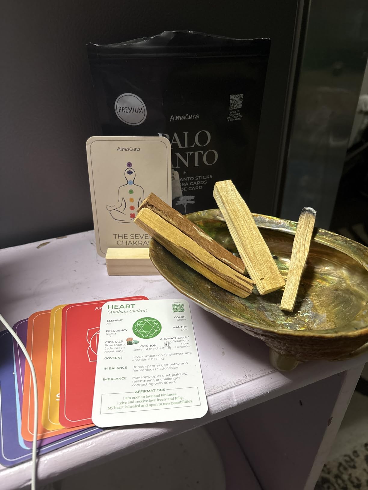 Palo Santo Energy Cleansing Set, 5 Sticks, 7 Chakra Cards & Stand | High-resin Palo Santo from Peru (Not Ecuador) with Chakra cards for cleansing, meditation, intention setting & gifting customer photo 2