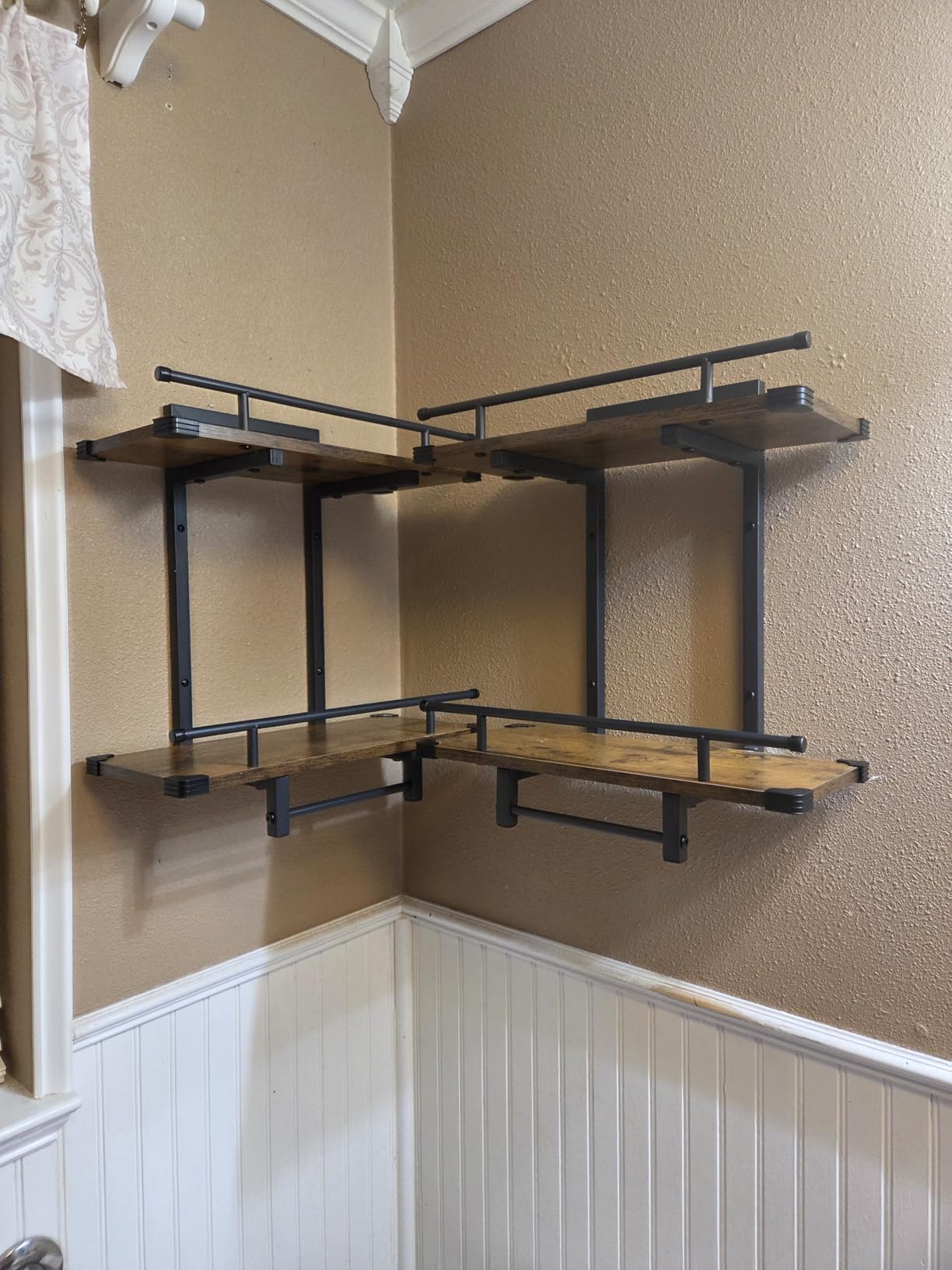 LASZOLA Floating Plant Shelves Holder Wall Mounted Indoor, 2 Pack Brown | 2 Tier Window Hangers Stand with Hooks, Metal and Wood, Flower Hanging Display Rack for Bedroom Living Room Kitchen Decor customer photo 1
