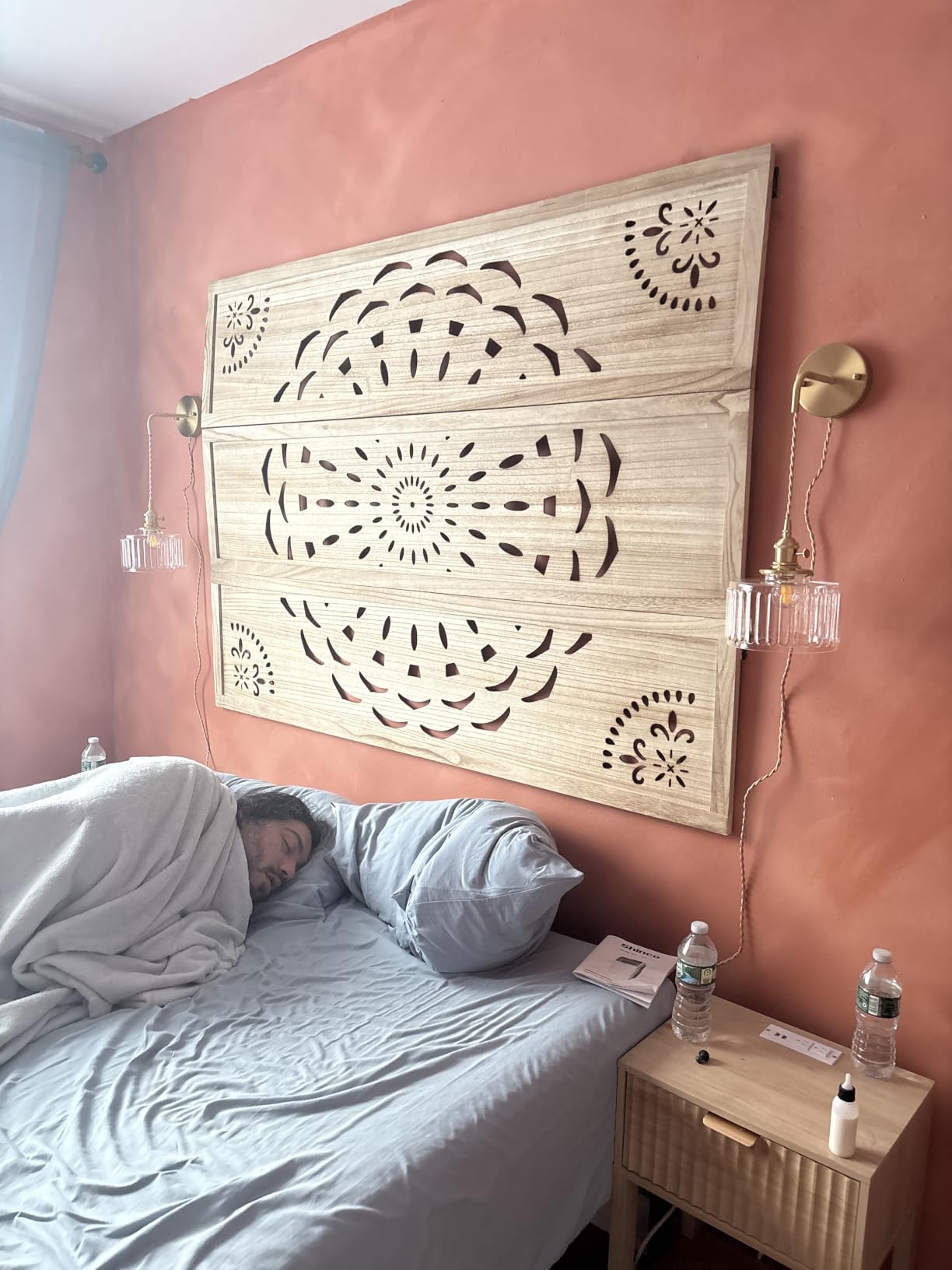 66.9Inch Wooden Room Partition - 3 Panels Boho-Styled Space Room Divider for Home/Office, Headboard & Yoga/Photo/Video Call Backdrop (Natural) customer photo 2