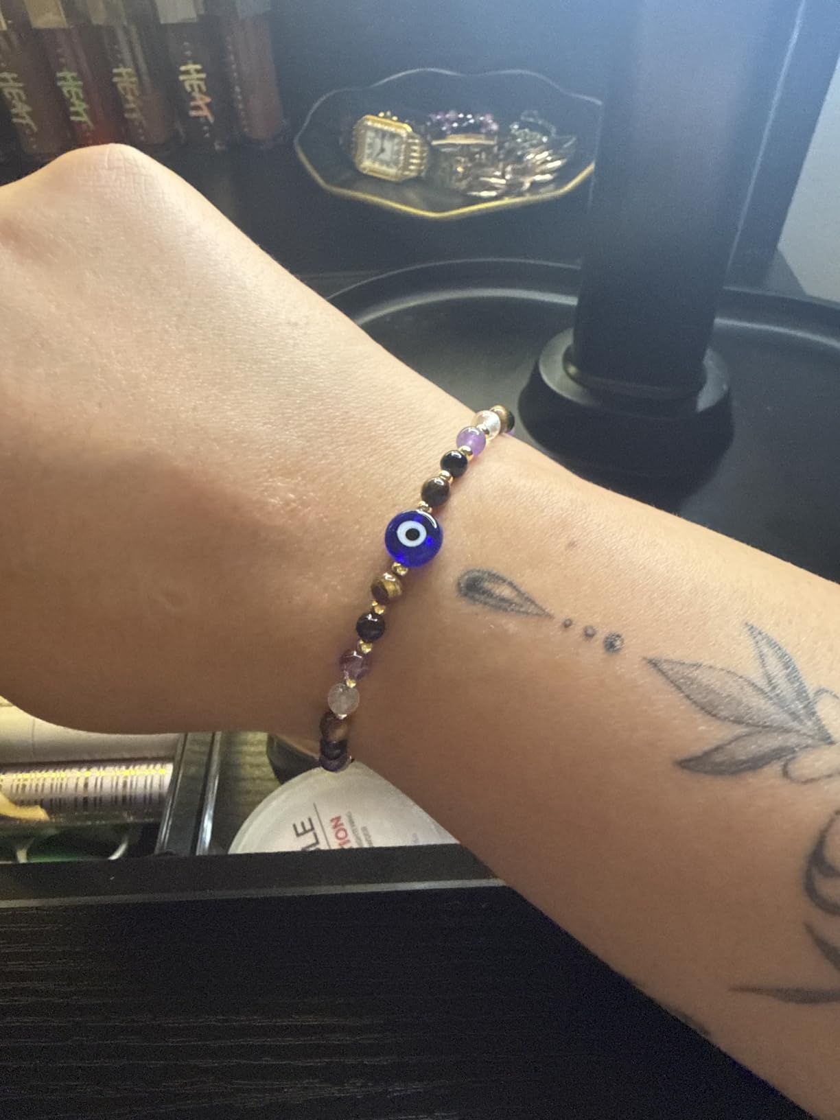 Evil Eye Dainty Bracelet - 14k Gold Plated Natural Crystal Protection Bracelet - 5 Healing Stones Clear Quartz Amethyst Black Tourmaline Tiger Eye Adjustable Spiritual Guardian Jewelry Gift with Meaning Card customer photo 2