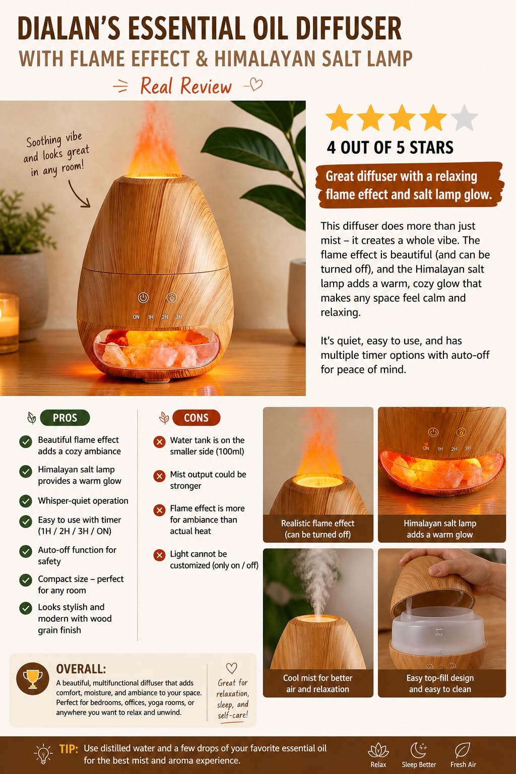 Dialan's Essential Oil Diffuser with Flame Effect Ultrasonic Himalayan Salt Lamp Diffuser Ultrasonic Cool Mist Humidifier Aromatherapy Diffuser with Auto Off for Home Office Gift - 100ml Wood Grain customer photo 2