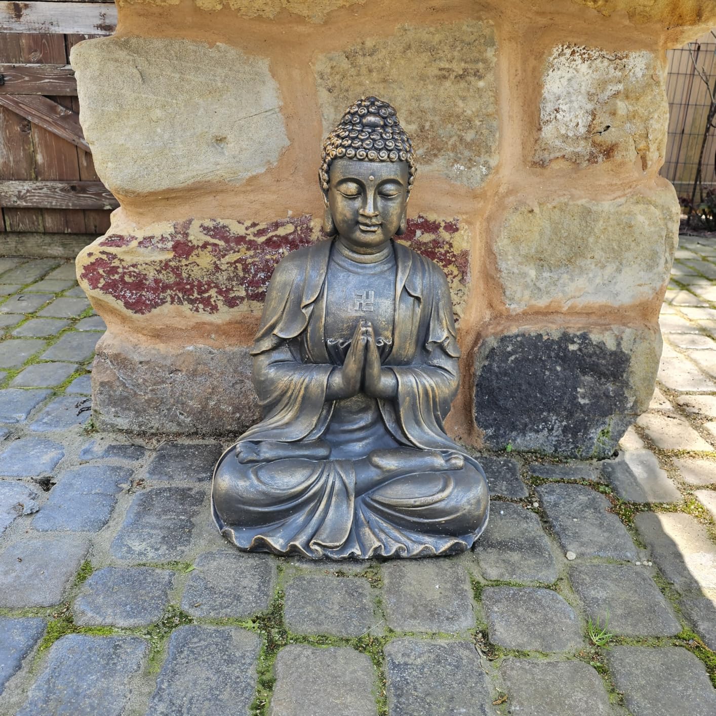 Sculptures Buddha Statue, Garden Statues 23.6 Inch Tall, Large Magnesium Oxide Buddha Sculpture Indoor & Outdoor, Statue for Home Decor Yard Porch Patio, Dark Gray with Gold Accents customer photo 2