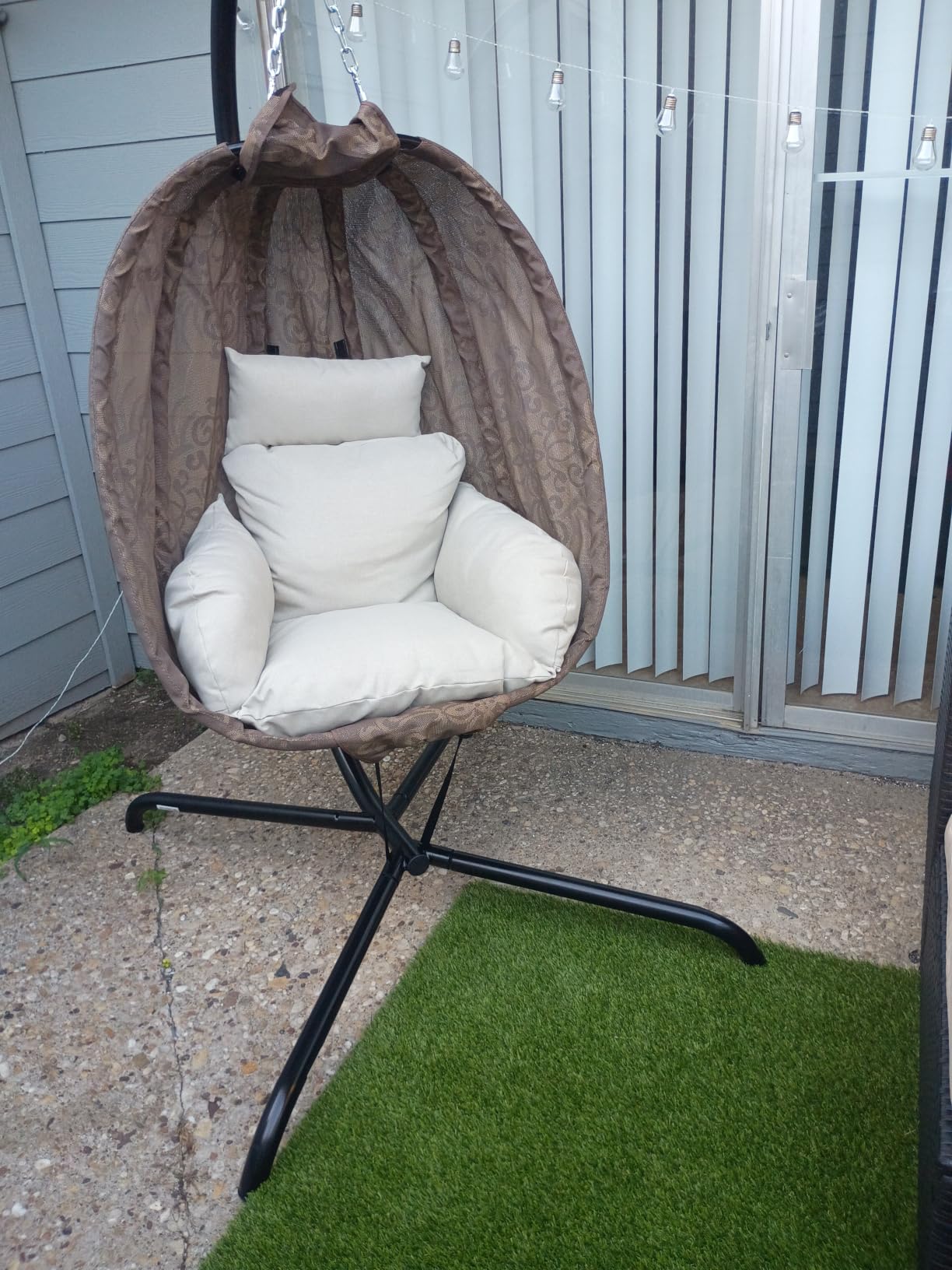 Foldable Egg Chair with Stand, 485LBS Capacity Textilene Hammock Swing Chair for Outdoor & Indoor, Hanging Chair with Strong Frame & UV Resistant Cushion for Balcony, Bedroom, Light Gray/D1 customer photo 2