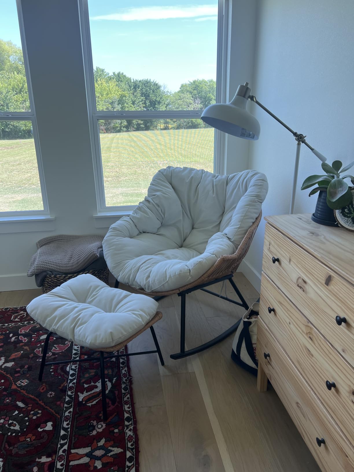 Papasan Rocking Chair with Ottoman, Oversized Papasan Chair, Beige | Indoor & Outdoor Rocker Chair with Padded Cushion for Living Room, Patio, Garden customer photo 2