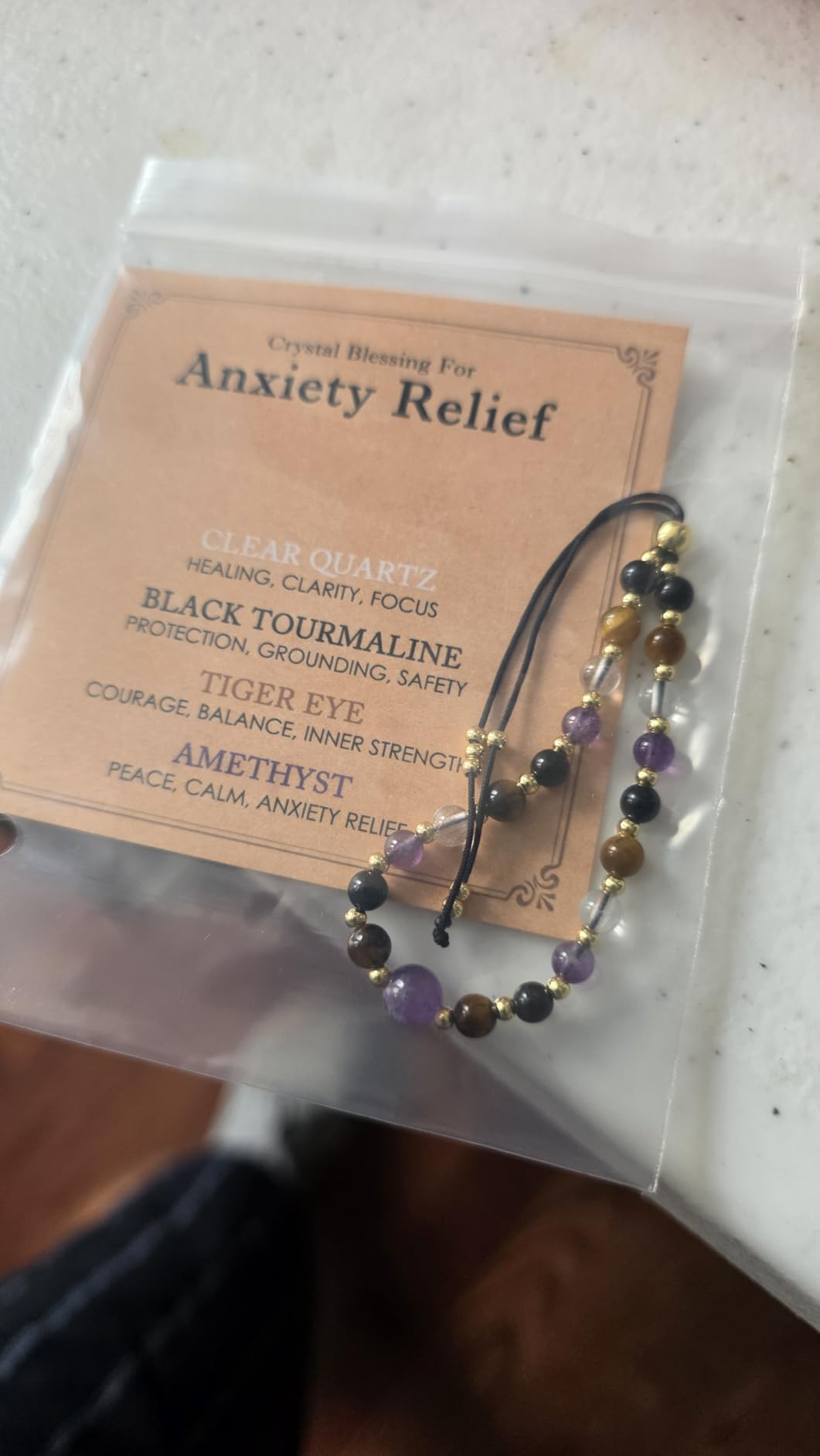 HGDEER Calm in Every Bead, Amethyst Crystal Bracelet Stress Relief Gift | Black Tourmaline Amethyst Tiger Eye & Clear Quartz on Sturdy Cord, Slider Adjusts 5-10 in, Crystal Blessing Card & Pouch customer photo 2
