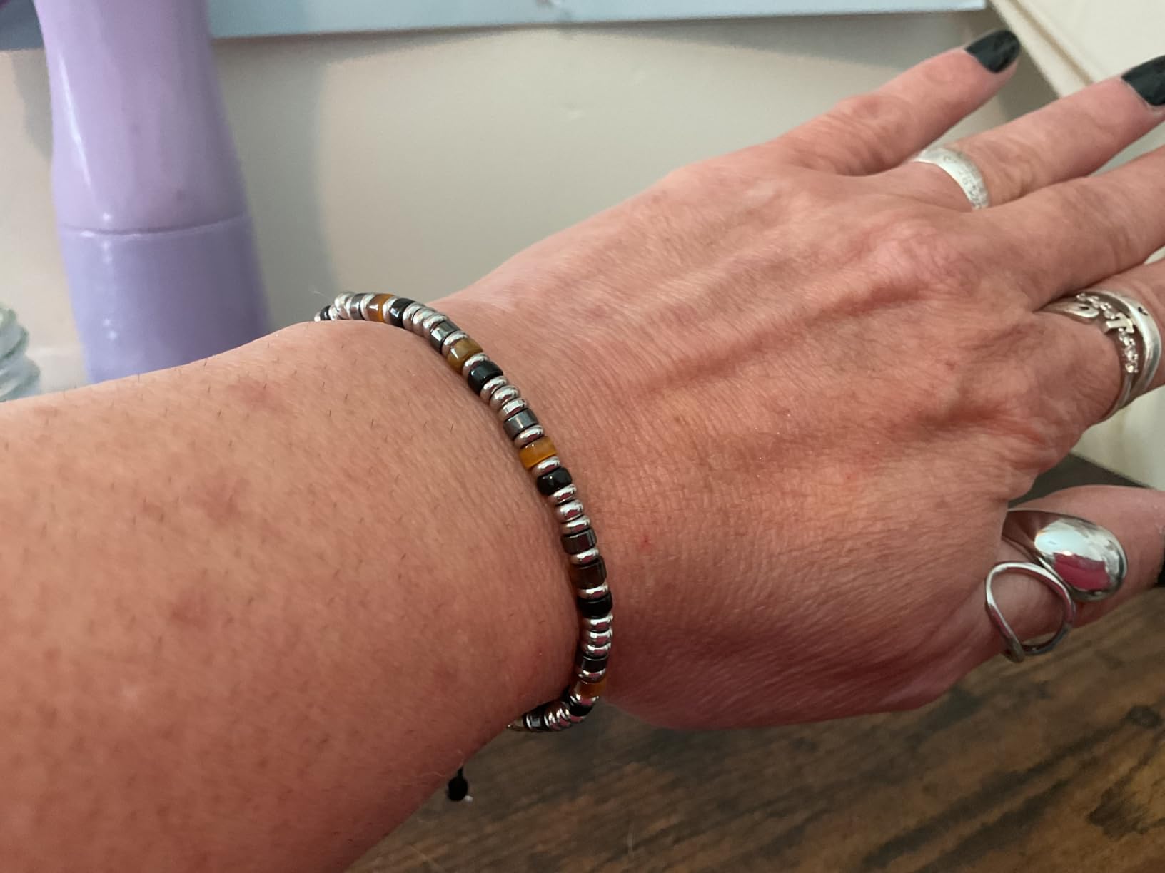 Healing Crystal Bracelet for Men Women, Triple Protection Hematite Black Obsidian Tiger Eye Natural Gemstone Beaded Bracelets Jewelry Gifts for Him customer photo 1