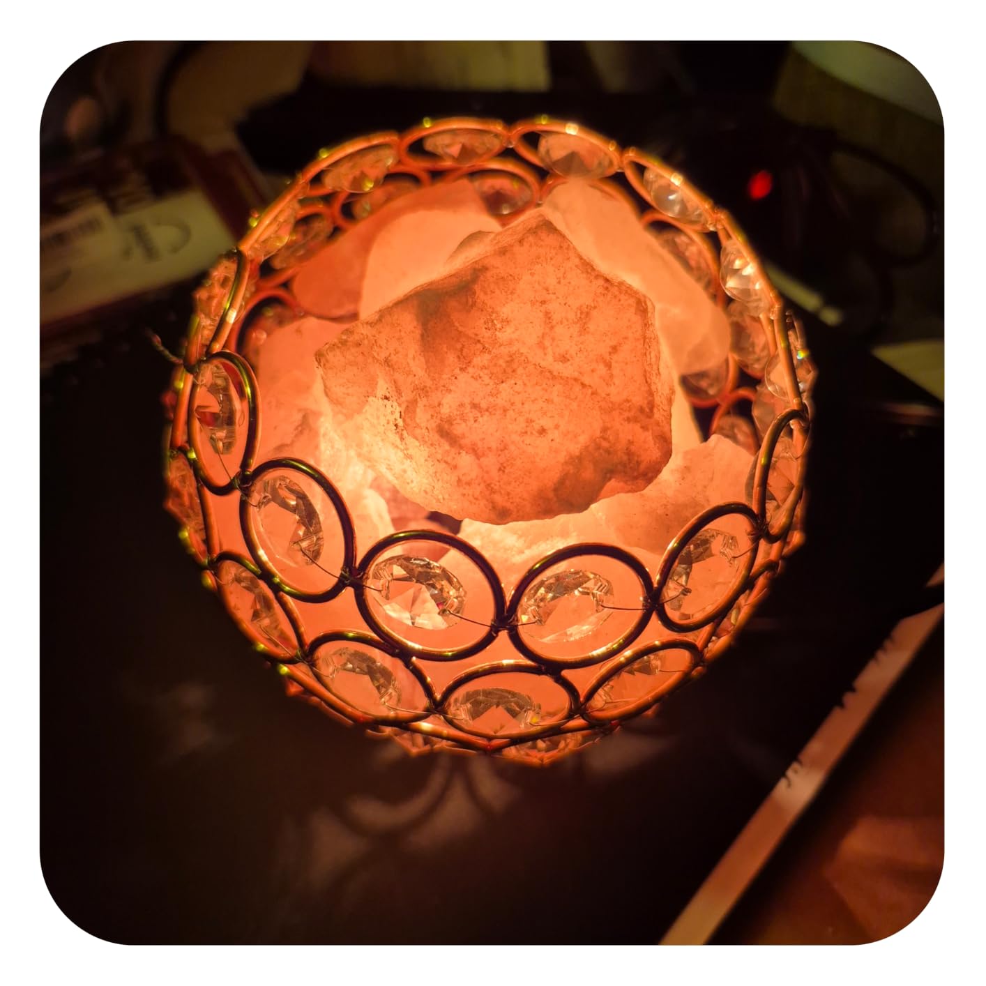 Himalayan Salt Lamp 5in Plug-in Natural Pink Salt Rock Night Light Dimmer Switch 2 Bulbs Included Bedroom Desk Decor (Curved Wire Basket) customer photo 1