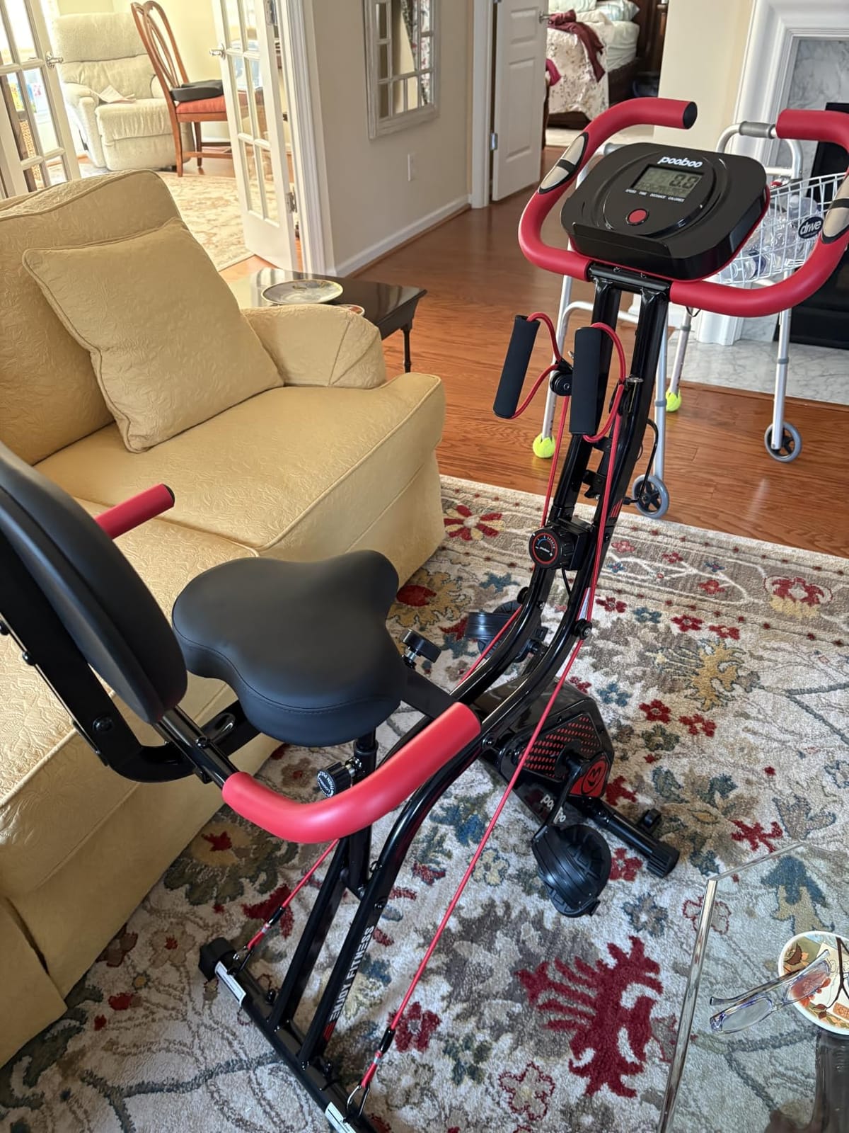 pooboo Folding Magnetic X‑Bike, Upright Exercise Bike for Home Gym customer photo 1