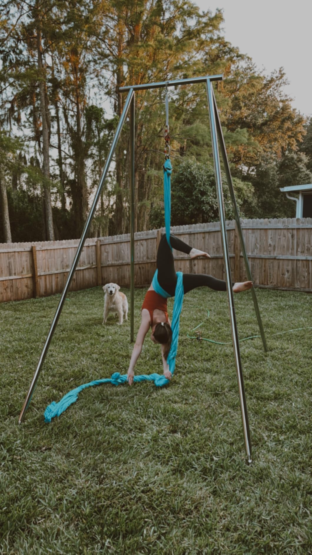 TECSPEC 9.6 FT/115.3 Inch Adjustable Height Aerial Yoga Frame & Hammock, Professional Swing Stand with 18 FT/33FT Aerial Silk, 550lbs Max Capacity customer photo 2