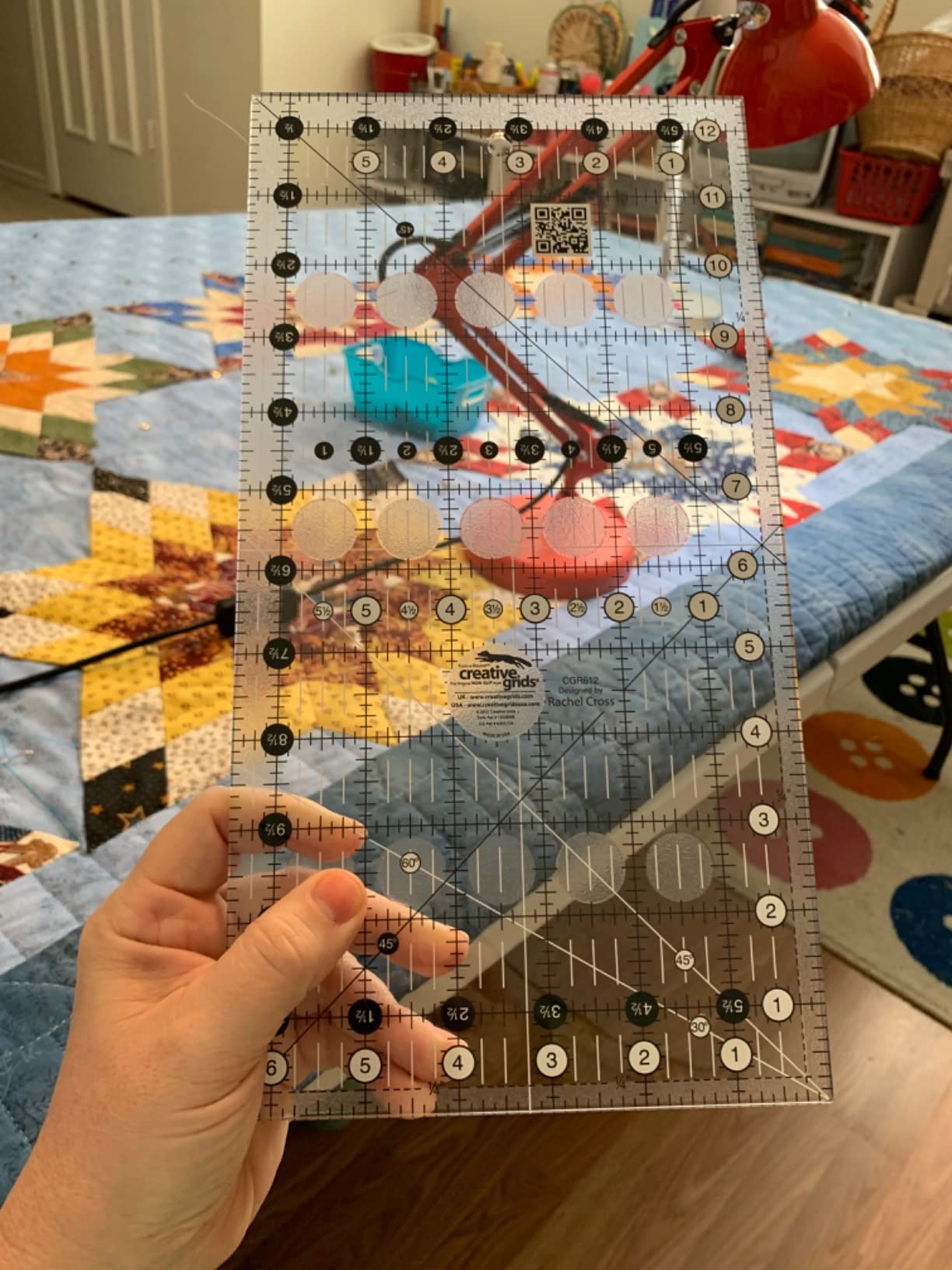 Creative Grids Quilt Ruler 6-1/2in x 12-1/2in Rectangle – CGR612 – Made in USA, Non-Slip Grip Acrylic Quilting, Sewing, Crafting, Patchwork Ruler for Measuring & Cutting Fabric customer photo 2