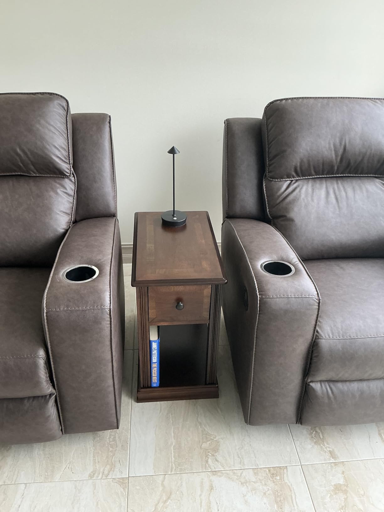 Signature Design by Ashley Breegin Narrow Chairside End Table | Rich dark brown wood veneers, Deep storage drawer with removable PVC tray, Compact 13-inch width fits tight spaces customer photo 2