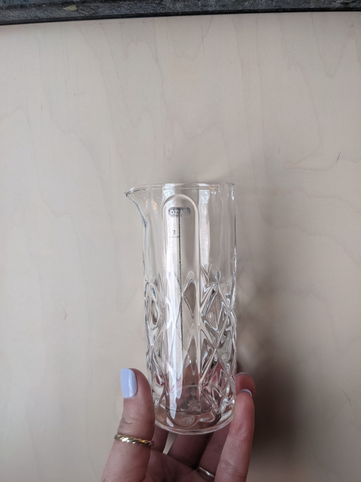 Final Touch Yarai Glass Cocktail Measuring Jigger with Pour Spout, 3.4 oz | Oz & ml measurement markings, drip-reducing pour spout, thick-walled glass, classic Japanese Yarai pattern, 100 ml, FTA7035 customer photo 1