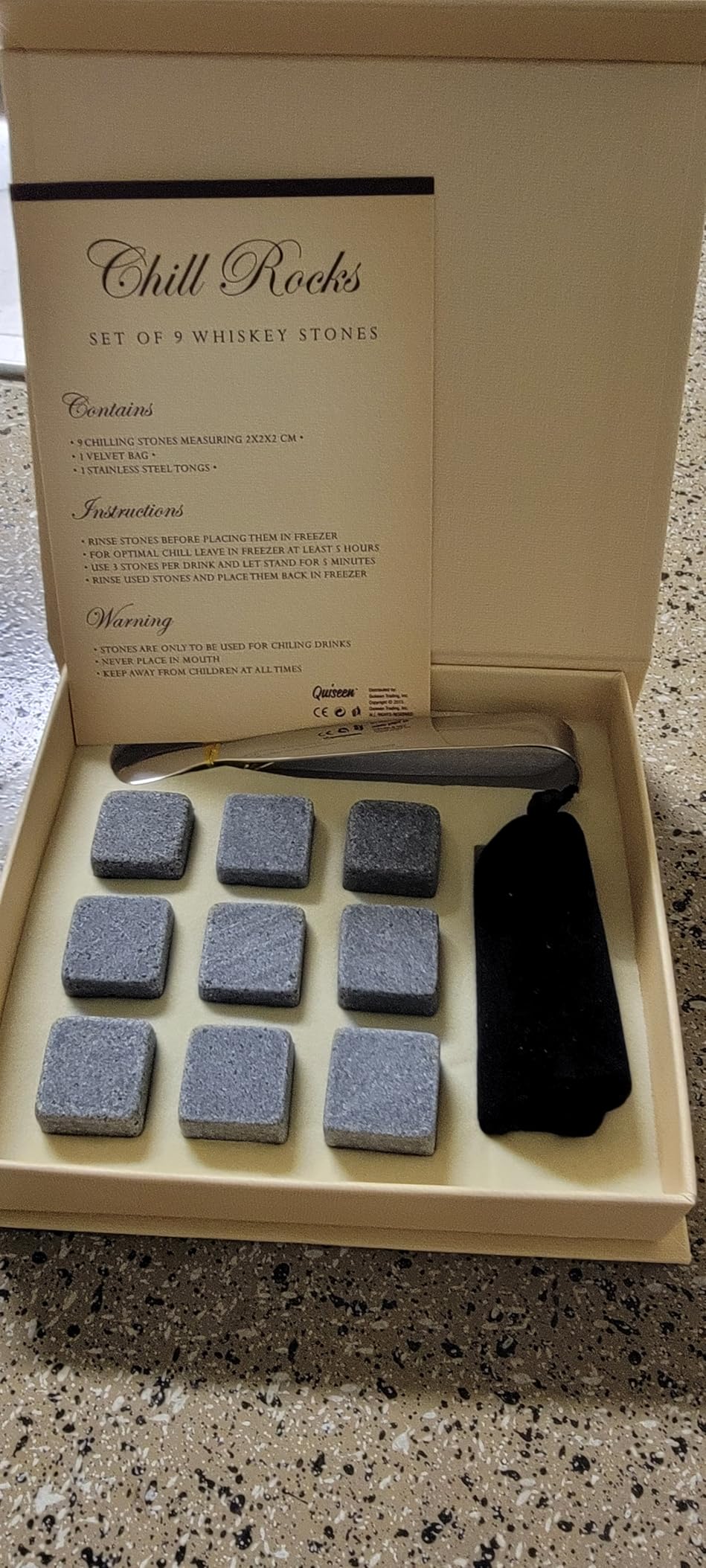 Set of 9 Grey Beverage Chilling Stones [Chill Rocks] Whiskey Stones for Whiskey and Other Beverages - in Gift Box with Velvet Carrying Pouch - Made of 100% Pure Soapstone - by Quiseen customer photo 1