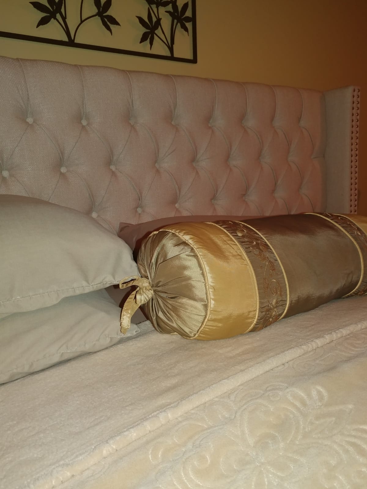 Madison Park Amelia Upholstered Headboard | Nail Head Trim Wingback Button Tufted | King, Cream customer photo 1