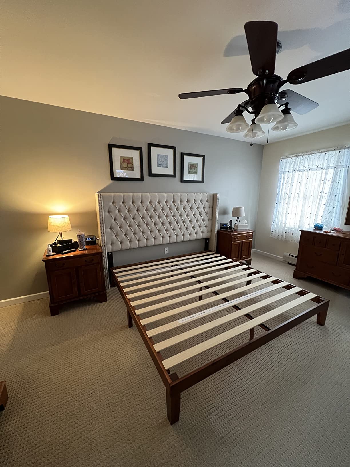 Madison Park Amelia Upholstered Headboard | Nail Head Trim Wingback Button Tufted | King, Cream customer photo 2