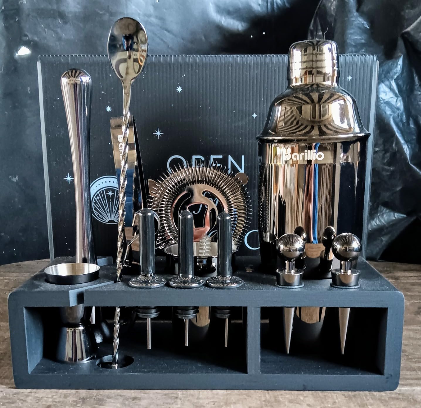 Barillio Bartender Kit - Stainless-Steel Cocktail Shaker Set w/Bamboo Stand - Mixology Bar Tools w/Drink Shaker, Mixer Spoon & Muddler for Cocktails - Home Bar Accessories - 23-Pc Bar Set - Silver customer photo 2