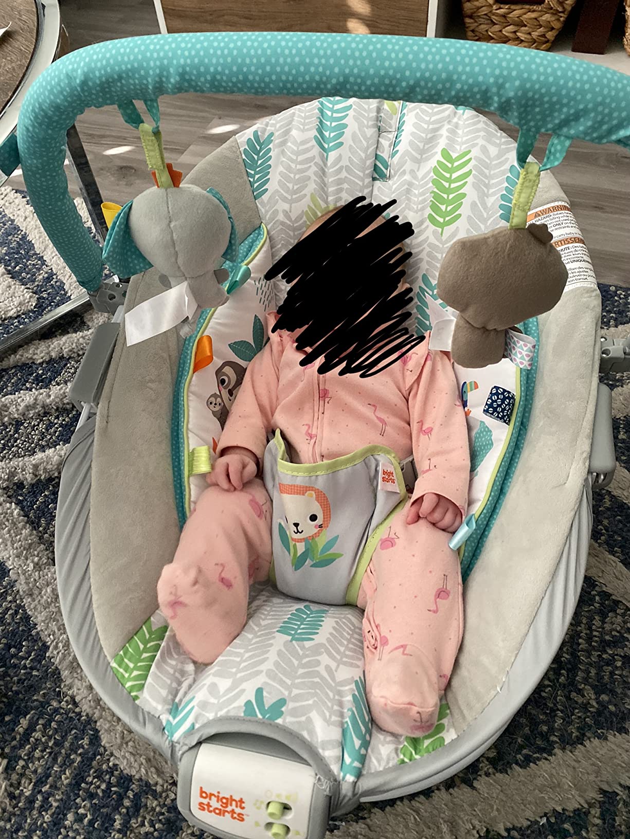 Bright Starts Comfy Baby Bouncer Soothing Vibrations Infant Seat - Taggies, Music, Removable -Toy Bar, 0-6 Months Up to 20 lbs (Whimsical Wild) customer photo 2