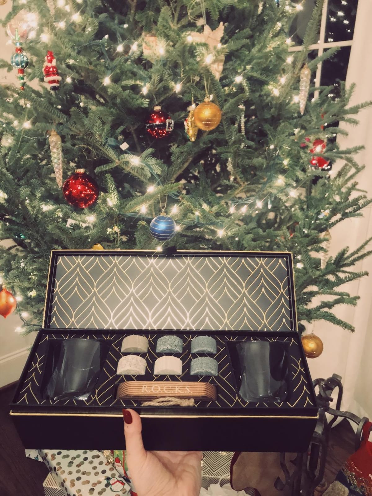 Whiskey Chilling Stones Gift Set - 6 Handcrafted Premium Granite Round Sipping Rocks - 2 Crystal Superior Glasses - Hardwood Presentation & Storage Tray - Elegant Gold Foil Gift Box by R.O.C.K.S. customer photo 1