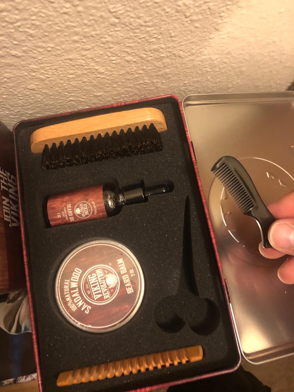 Viking Revolution Ultimate Beard Kit - Sandalwood, 5 Pcs with Metal Box | Complete Multi-Piece Men's Gift Box - Boar Brush, Wood Comb, Sandalwood Balm & Oil, Scissors customer photo 1