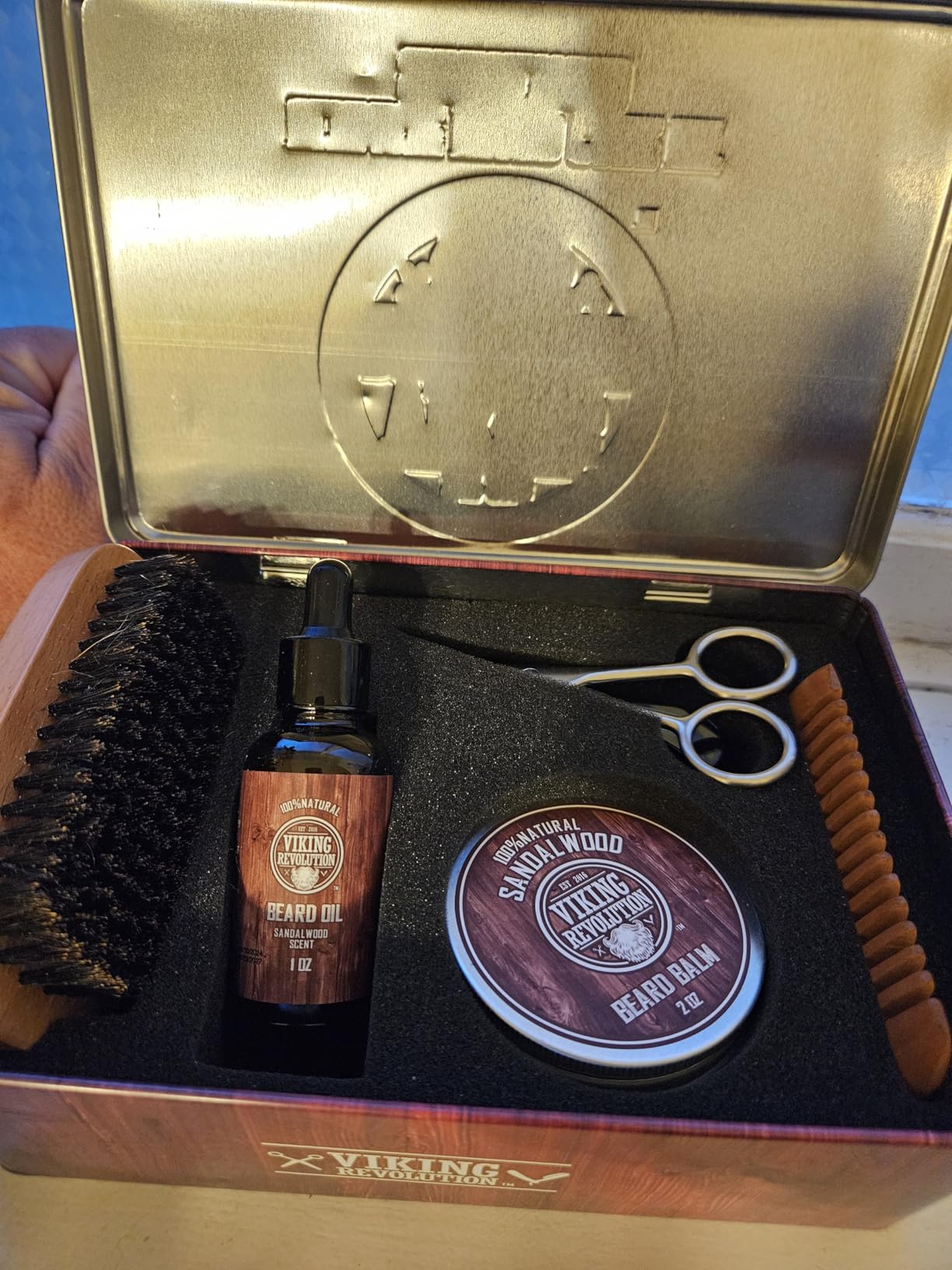 Viking Revolution Ultimate Beard Kit - Sandalwood, 5 Pcs with Metal Box | Complete Multi-Piece Men's Gift Box - Boar Brush, Wood Comb, Sandalwood Balm & Oil, Scissors customer photo 2