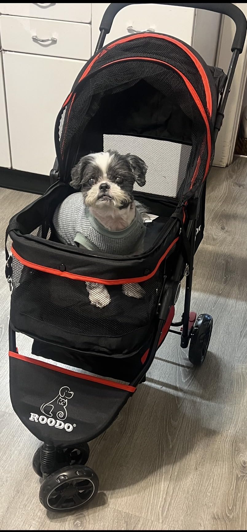 ROODO Escort 3 Wheel Dog Cat Pet Stroller for Small/Medium Dogs Cats Best Lightweight Foldable Portable Compact Jogger All Terrain Travel Pet Gear System Puppy Doggie Bunny Kitty Stroller (Grey) customer photo 2