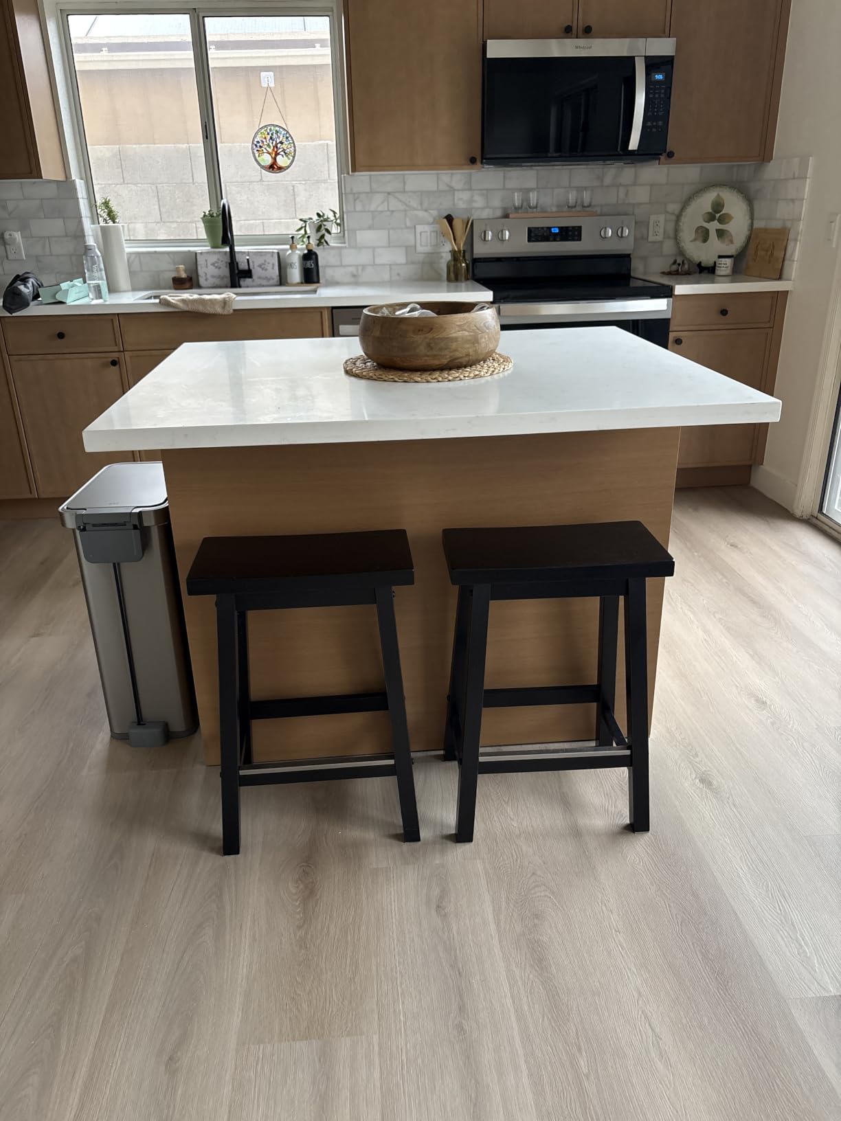 Amazon Basics Solid Wood Saddle-Seat Counter Height Bar Stools for Kitchen Island with Footrest, 24-Inch Height, Black, Set of 2 customer photo 2