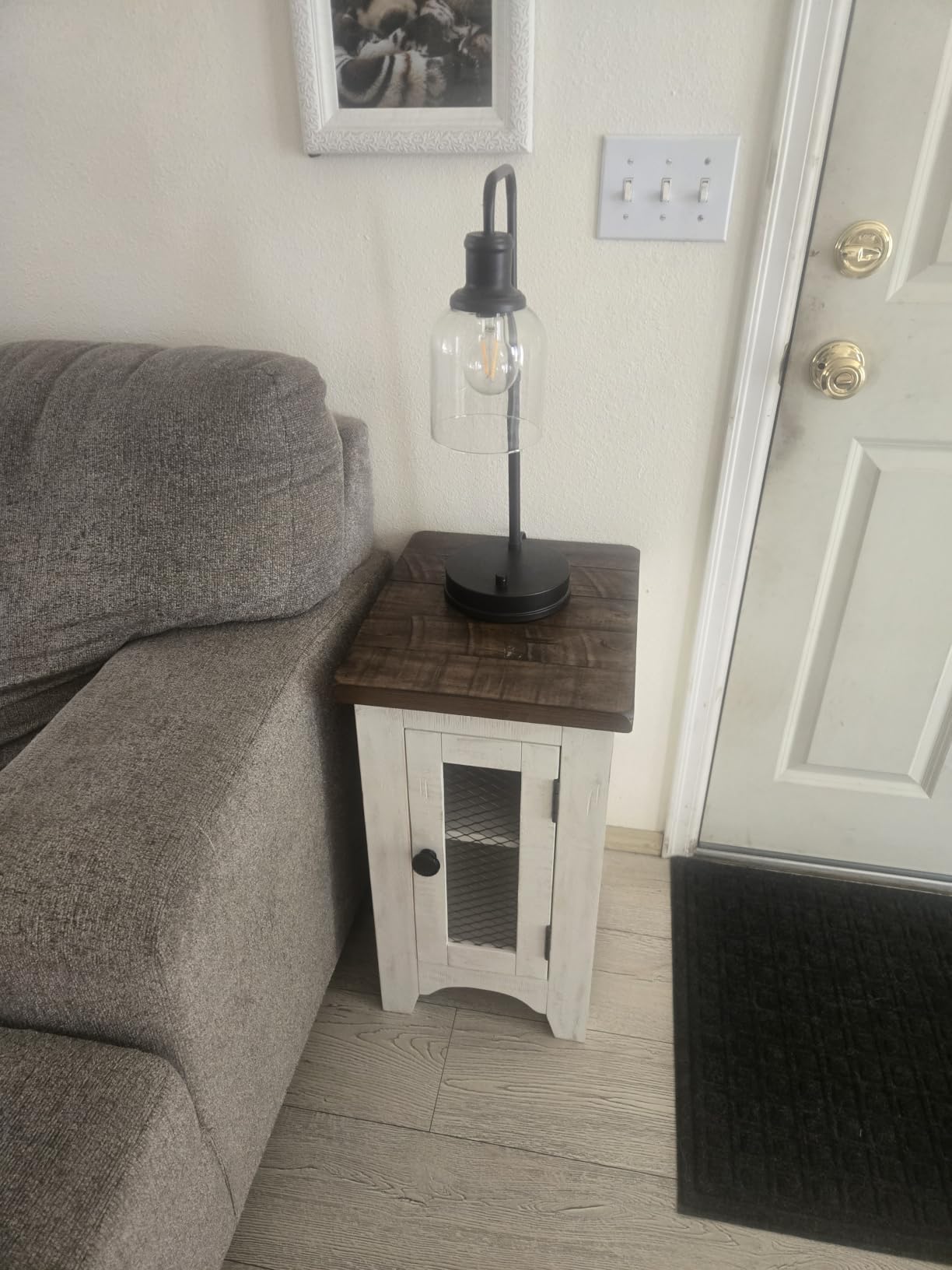 Signature Design by Ashley Valebeck Chairside End Table with Storage | Two-tone distressed pine wood, Single wire mesh door, Adjustable center shelf, Narrow storage cabinet, Black and light brown customer photo 1