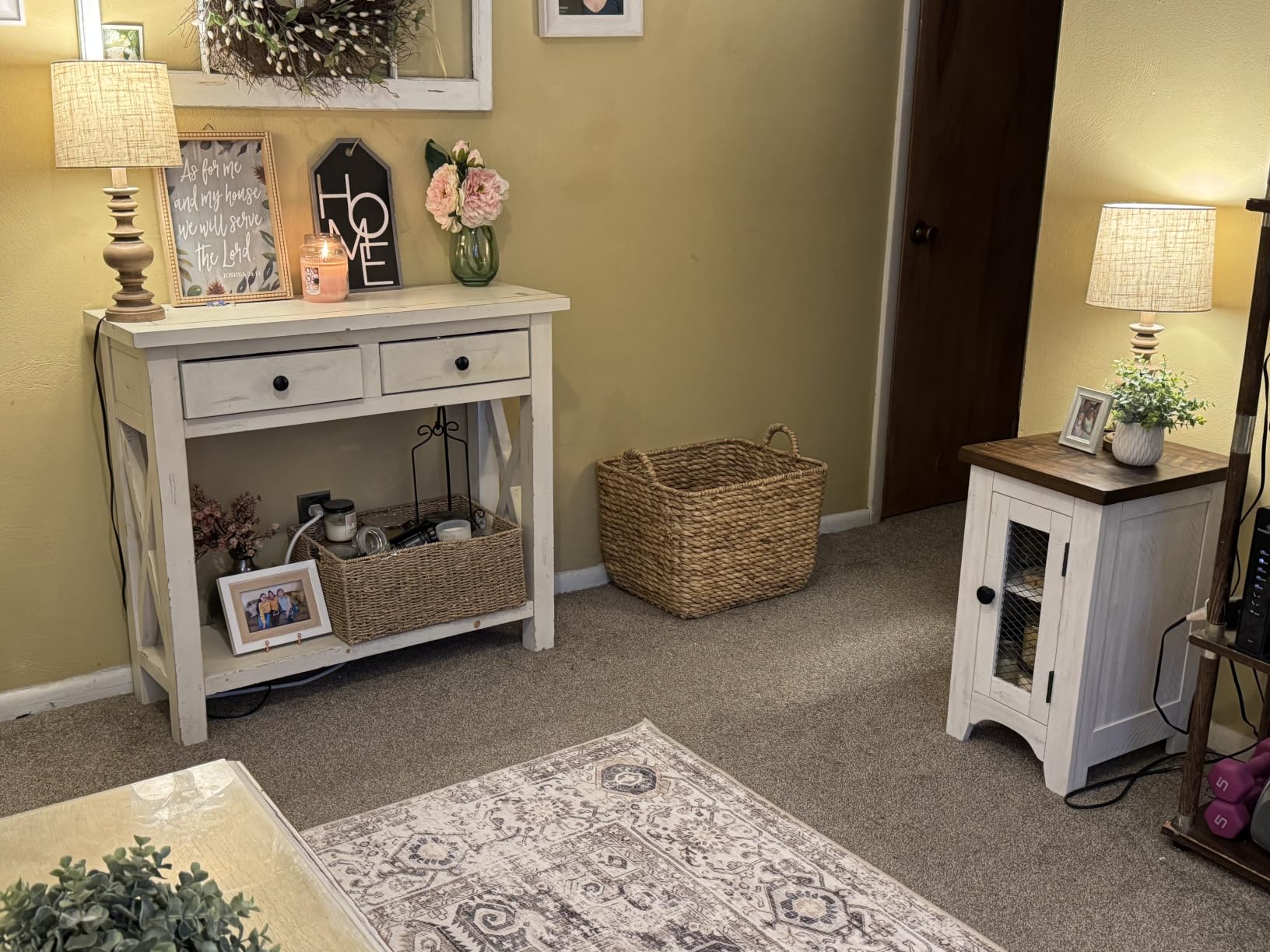 Signature Design by Ashley Valebeck Chairside End Table with Storage | Two-tone distressed pine wood, Single wire mesh door, Adjustable center shelf, Narrow storage cabinet, Black and light brown customer photo 2