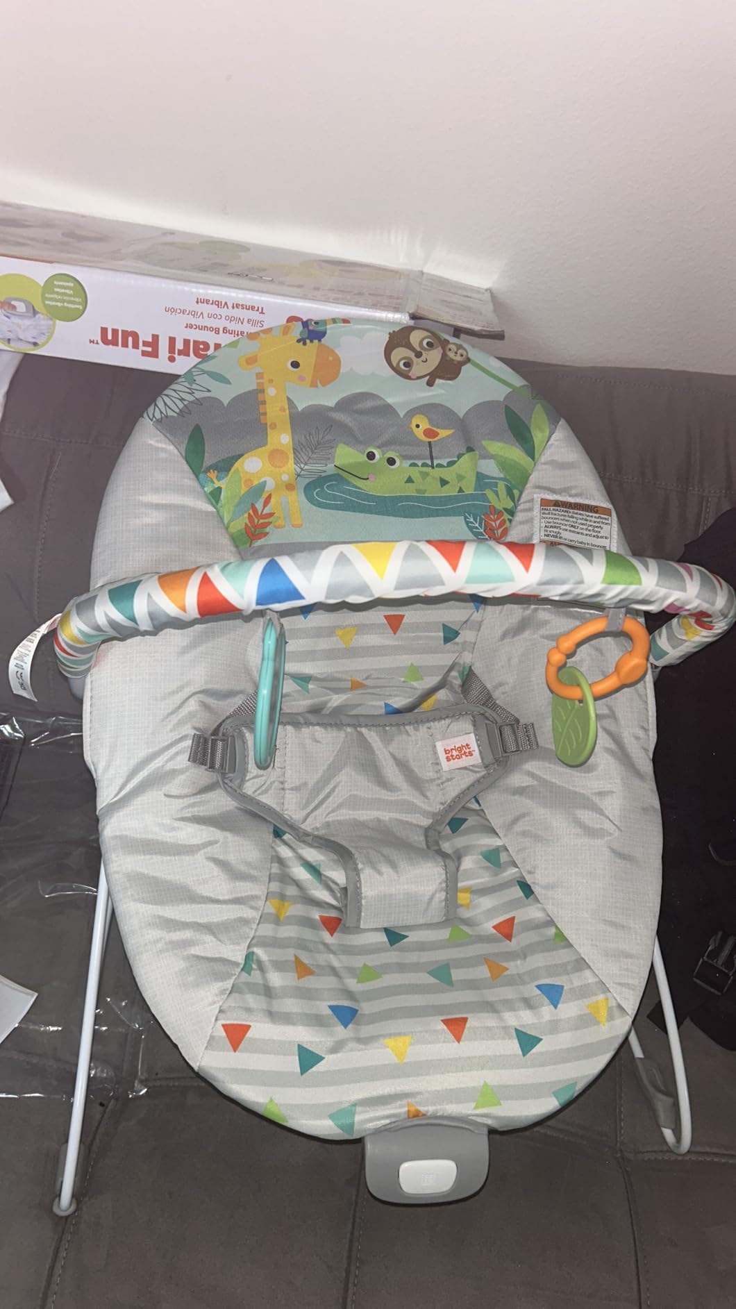 Bright Starts Baby Bouncer Soothing Vibrations Infant Seat - Removable -Toy Bar, Nonslip Feet, 0-6 Months Up to 20 lbs (Safari Fun) customer photo 1
