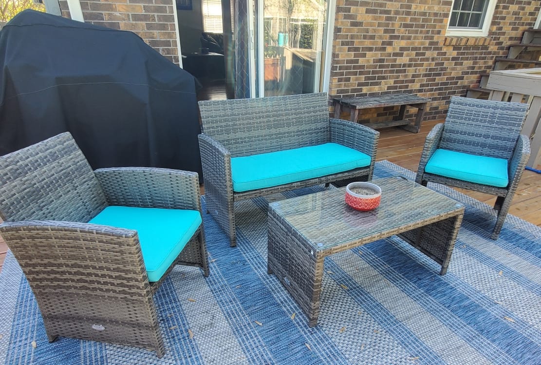 Goplus 4-Piece Rattan Patio Furniture Set, Outdoor Wicker Conversation Sofa with Weather Resistant Cushions and Tempered Glass Tabletop for Lawn Backyard Pool Garden (Beige) customer photo 1