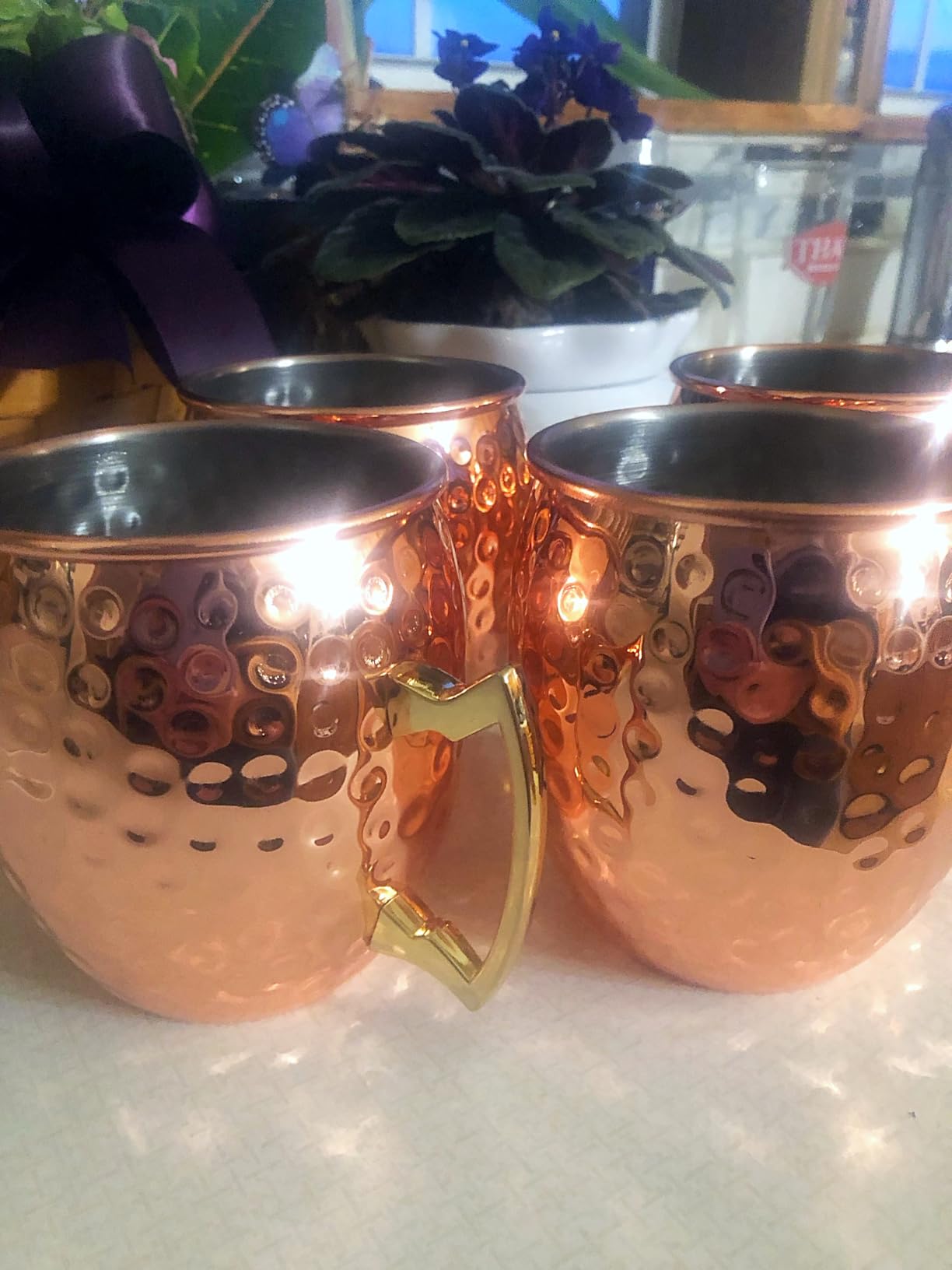 PG Moscow Mule Mugs | Large Size 19 ounces | Set of 4 Hammered Cups | Stainless Steel Lining | Pure Copper Plating | Gold Brass Handles | 3.7 inches Diameter x 4 inches Tall customer photo 1
