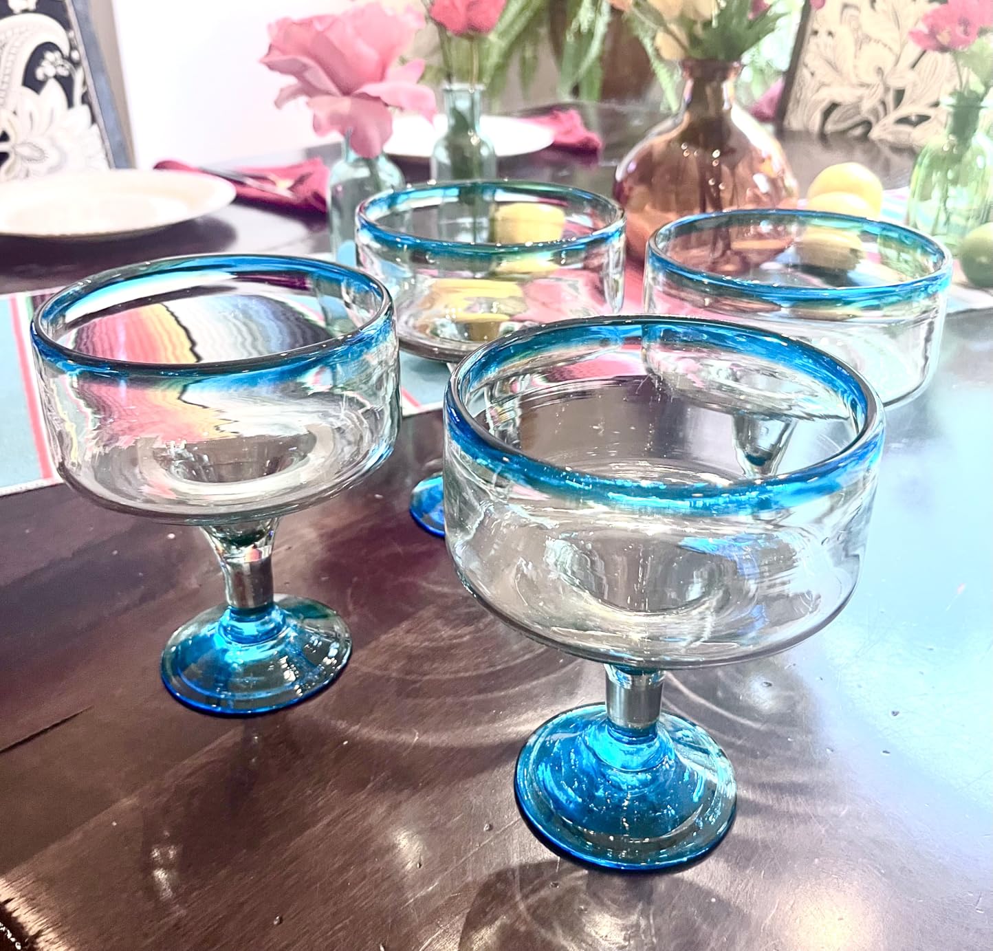 Mexican Hand Blown Glass - Set of 4 Hand Blown Margarita Glasses (16 oz) with Aqua Blue Rims customer photo 1