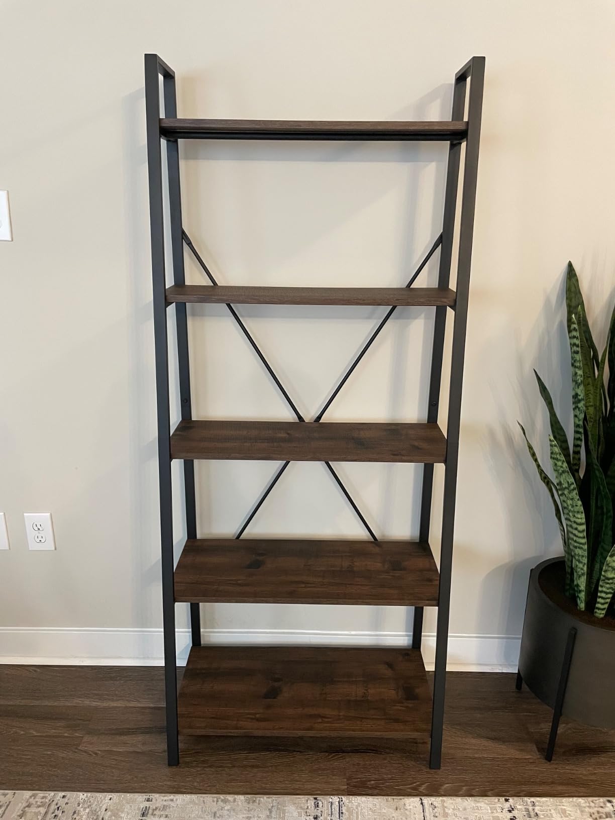 BON AUGURE 5-Tier Ladder Shelf, Industrial Leaning Bookcase, Wood and Metal Ladder Bookshelf for Living Room, Bedroom, Kitchen, Home Office (Grey Oak) customer photo 2