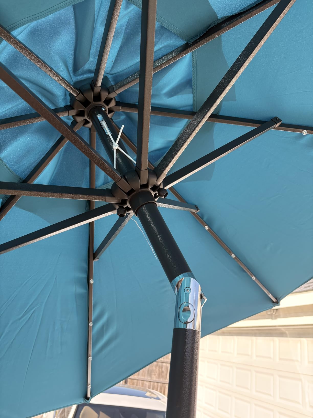 Blissun 9 ft Solar Umbrella 32 LED Lighted Patio Umbrella Table Market Umbrella with Tilt and Crank Outdoor Umbrella for Garden, Deck, Backyard, Pool and Beach (Navy Blue) customer photo 2