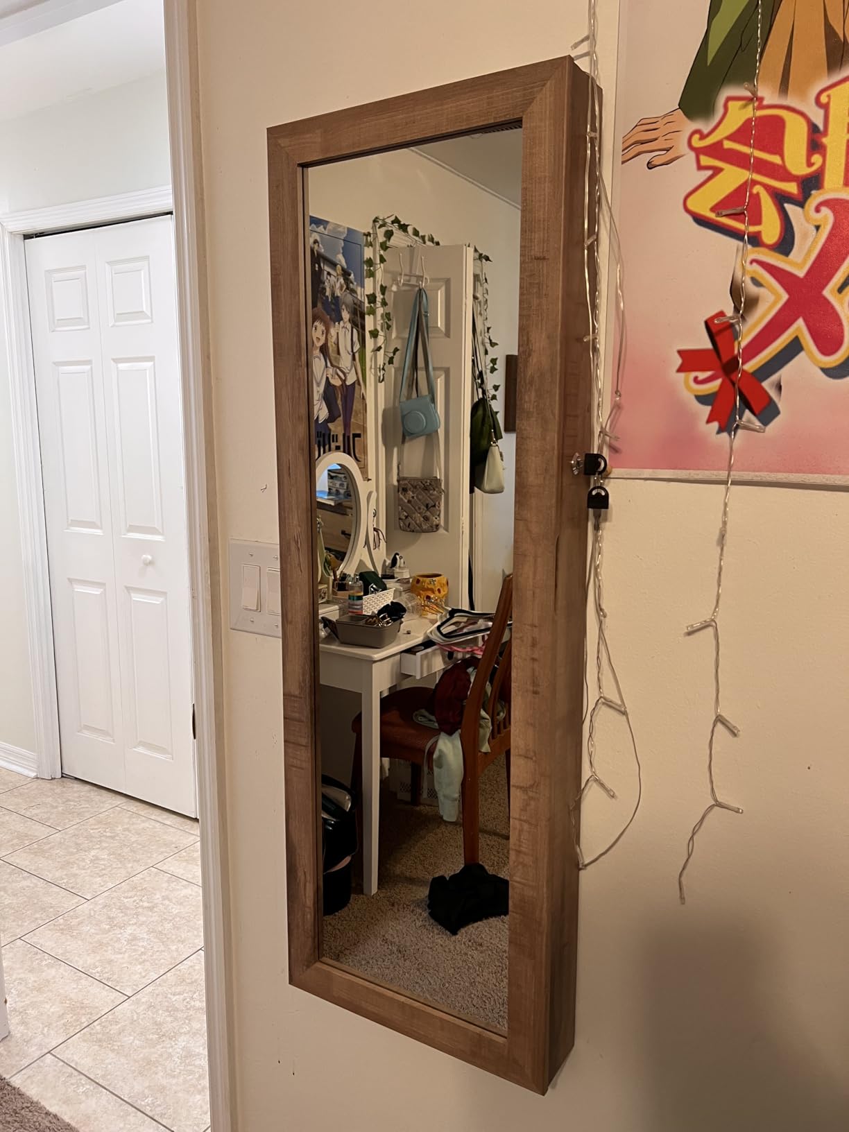 Nicetree 6 LEDs Jewelry Armoire, Hanging Mirror Jewelry Cabinet, White customer photo 2
