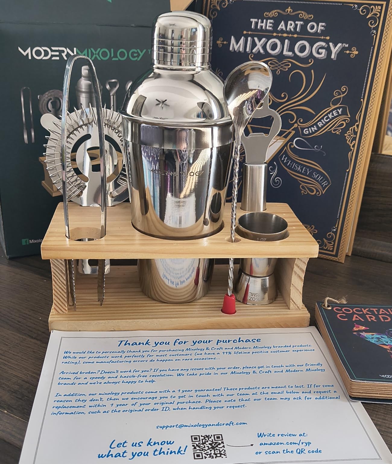 Modern Mixology Cocktail Shaker Set - Bartender Kit with Pine Stand | Leak-Proof Design | Includes Martini Shaker, Jigger, Strainer, Spoon, Tongs | Perfect Bar Tools Gift for Home Mixology (Silver) customer photo 1