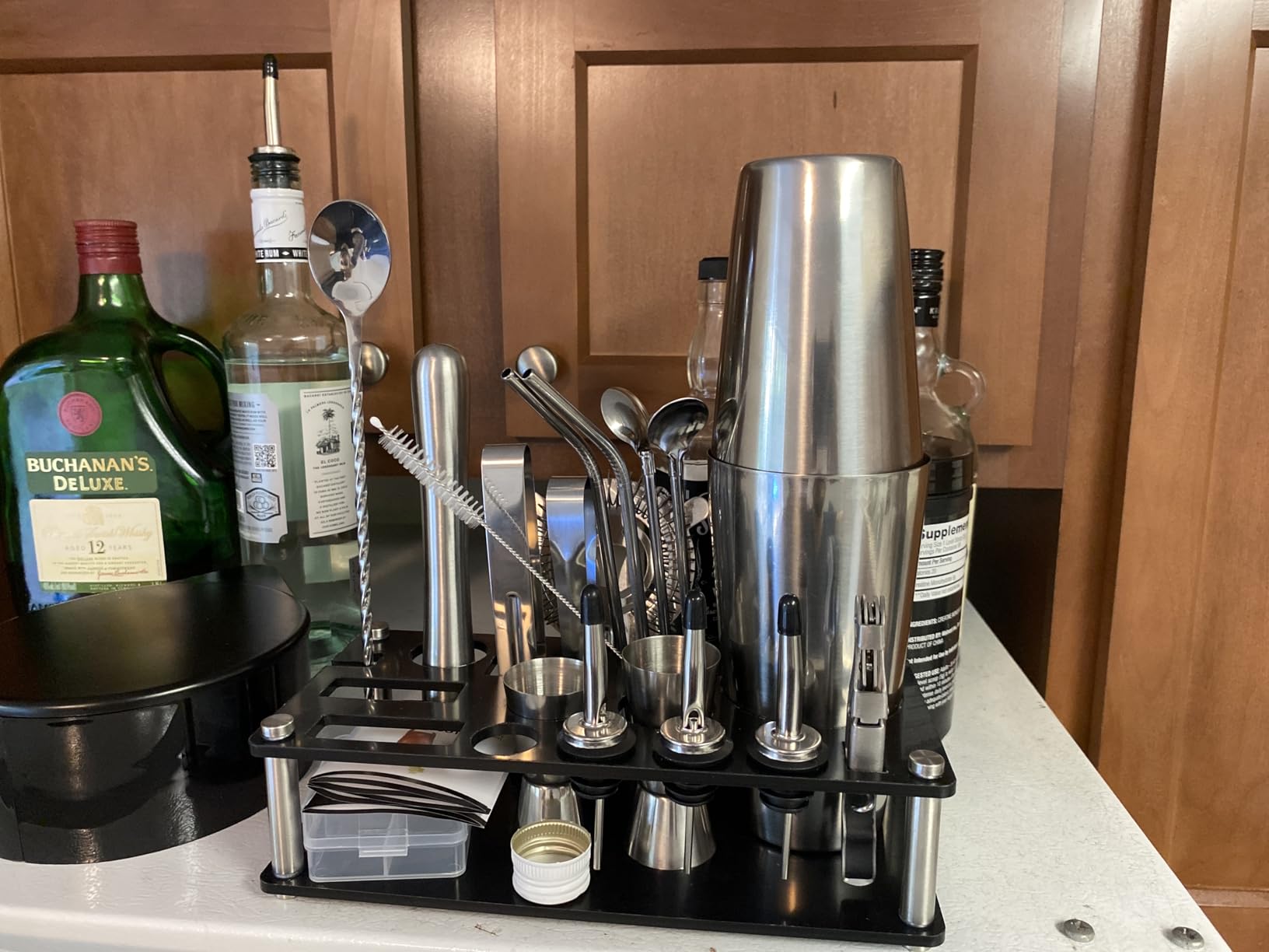 KINGROW Cocktail Shaker Set, 23 Piece Bartender Kit with Stand Silver | Boston bar set prevent rust, no leaks, dishwasher safe, 4 whiskey stones, for home bar party gift, recipe book for beginners customer photo 2